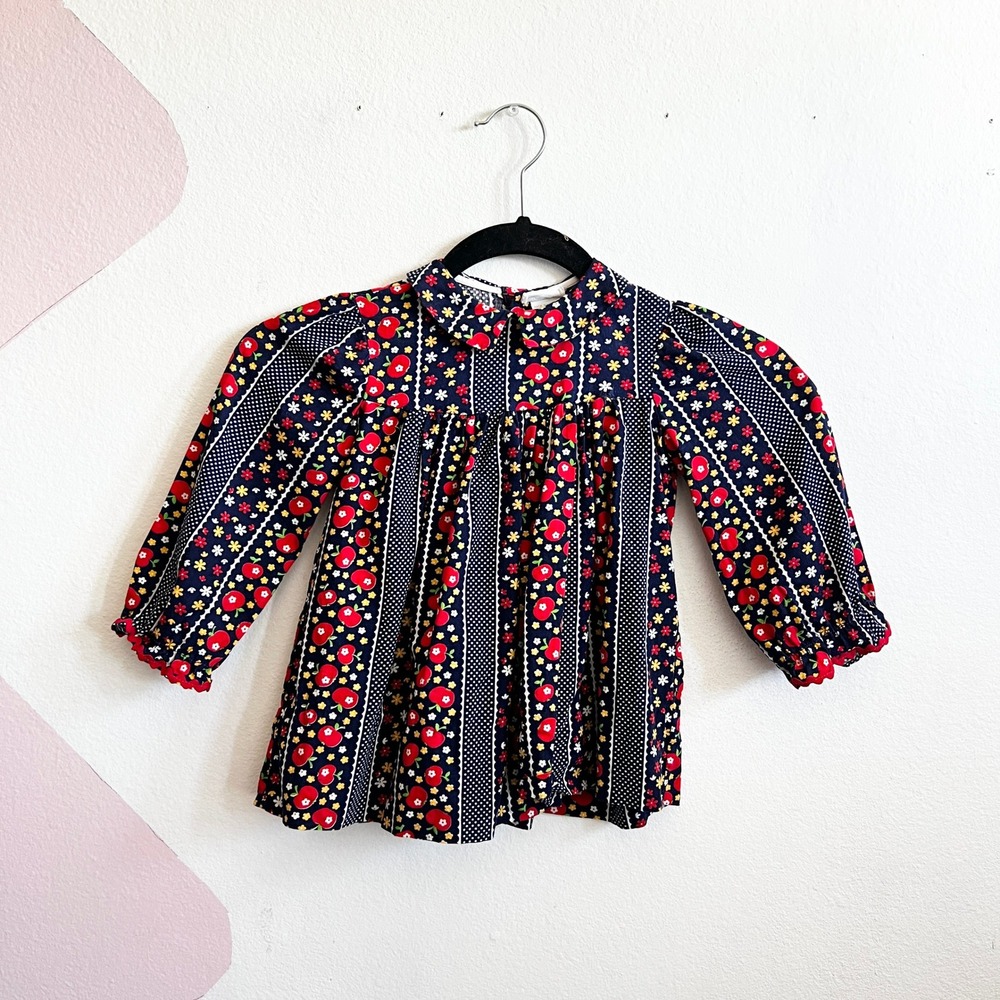 Vintage BRYAN Girls Dress Size 3T Apple Print Long Sleeve Collar‎ 80s